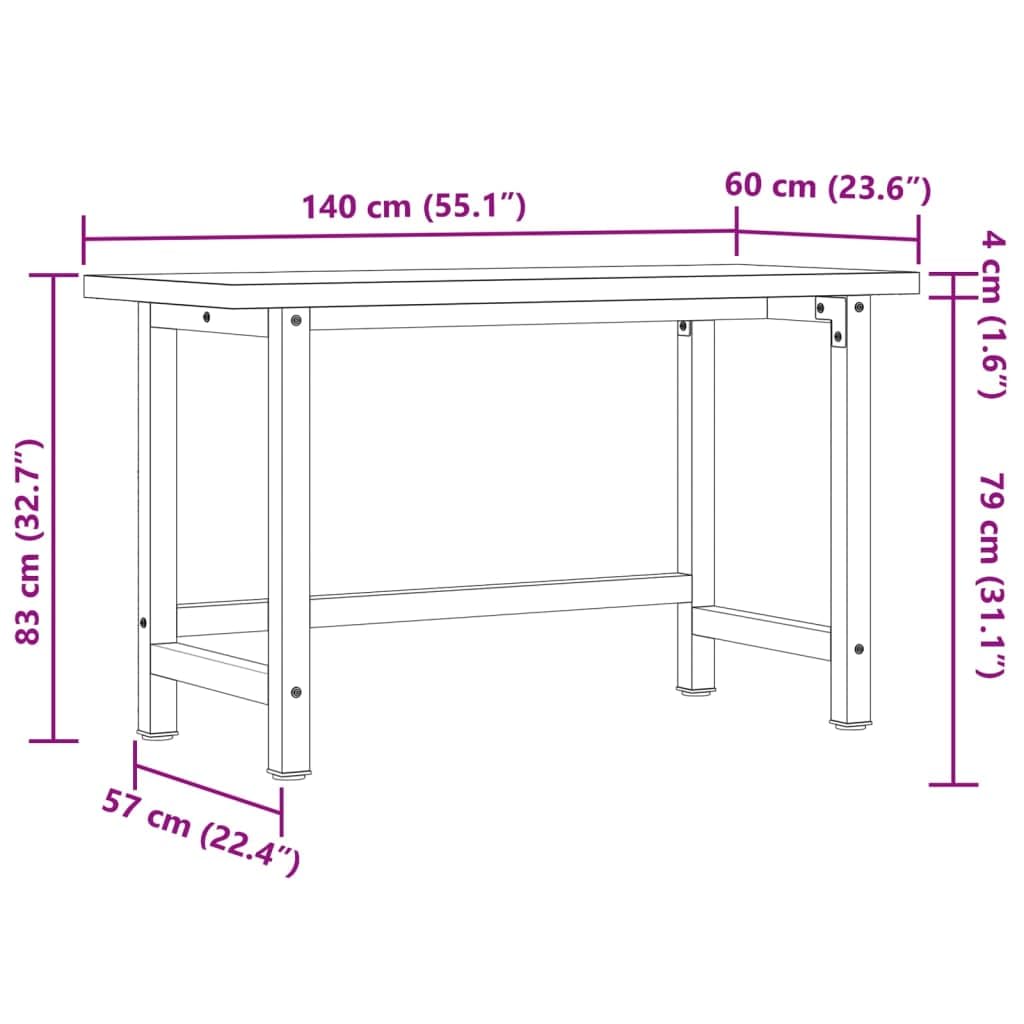 vidaXL Banco da Lavoro 140x60x83 cm Legno Massello Acacia Rettangolare, tavolo da lavoro, postazione da lavoro, banco da lavoro in metallo