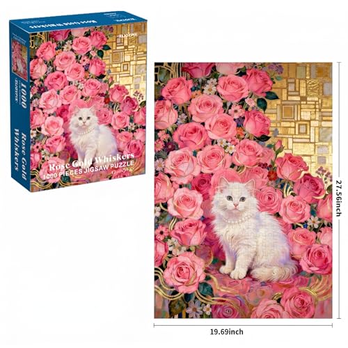 1000 Piece Puzzle for Adults, Elegant White Persian Cat with Pink Roses - image 2