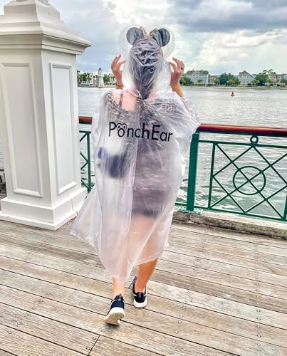 Adult Rain Poncho, Clear Waterproof Protective Cover with Mouse Ear Hood, One Size Fits Most, Side Snaps, Drawstring Closure, Theme Park Ready4