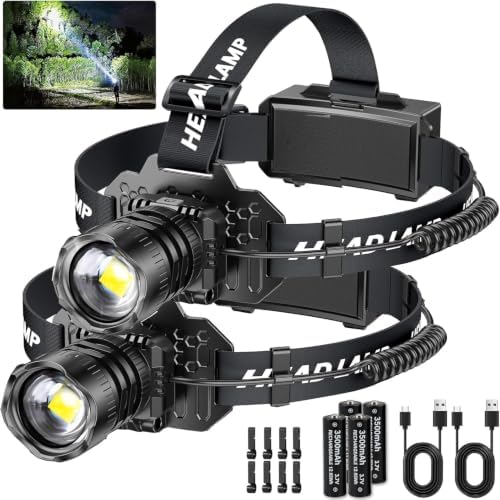 Curtsod Rechargeable LED Headlamp 2-Pack - 99000 Lumens Super Bright with Motion Sensor & 90° Rotation - Waterproof Headlight for Camping, Hiking, Running - 3 Light Modes