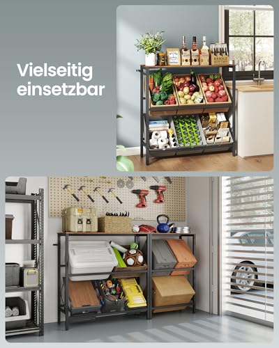 SONGMICS Getränkekistenregal, 2 Ebenen, für 6 Kisten, Aufbewahrungsregal, Jede Ebene bis 150 kg belastbar, Stahl, Getränkeregal, für Küche, Wohnzimmer, Garage, vintagebraun-tintenschwarz BSC363K01