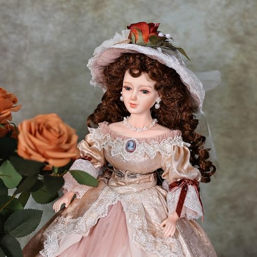 Cloveray 22 Inch 55cm Porcelain ＆ Fabric Victoria Doll, European Retro Handmade Ceramic Doll with Showing Stand for Room Decor, Birthday Gifts, Collectible，Name Lenore