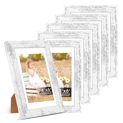 Image of 4x6 Picture Frame Set of 6 with Shatter-Resistant HD Plexiglass - Use as 3.5x5 Frame with Mat or Display 4x6 Photo Without Mat - Thin Border Picture Frames for Tabletop Display