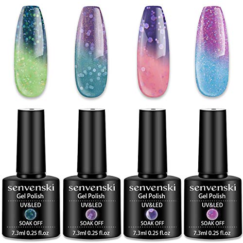 Senvenski Color Changing Gel Nail Polish Green Purple Blue Lavender Lilac Fall Autumn Halloween Christmas Kit Gift Set Glitter Mood Chameleon Soak Off UV LED Thermal Temperature Art Manicure Varnish (WB006)