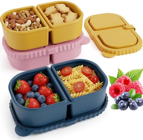 3 Pack Reusable Silicone Snack Containers with Lids, 8.5oz 2 Compartment Snackle Box Containers, Ideal Portable Small Snack Pack Containers for School, Office and Picnic (Blue, Pink, Yellow)