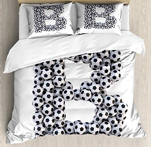 Ambesonne Letter B Duvet Cover Set, Soccer Themed Letter Monochrome Classical Balls Pattern Sports Themed Design, Decorative 3 Piece Bedding Set with 2 Pillow Shams, California King, Charcoal White