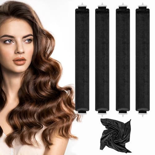 Heatless Hair Curlers, Heatless Curls Overnight Set for Women, Soft Hair Curlers to Sleep in, No Heat Overnight Curls with Silk Scarf - 4Pcs Black