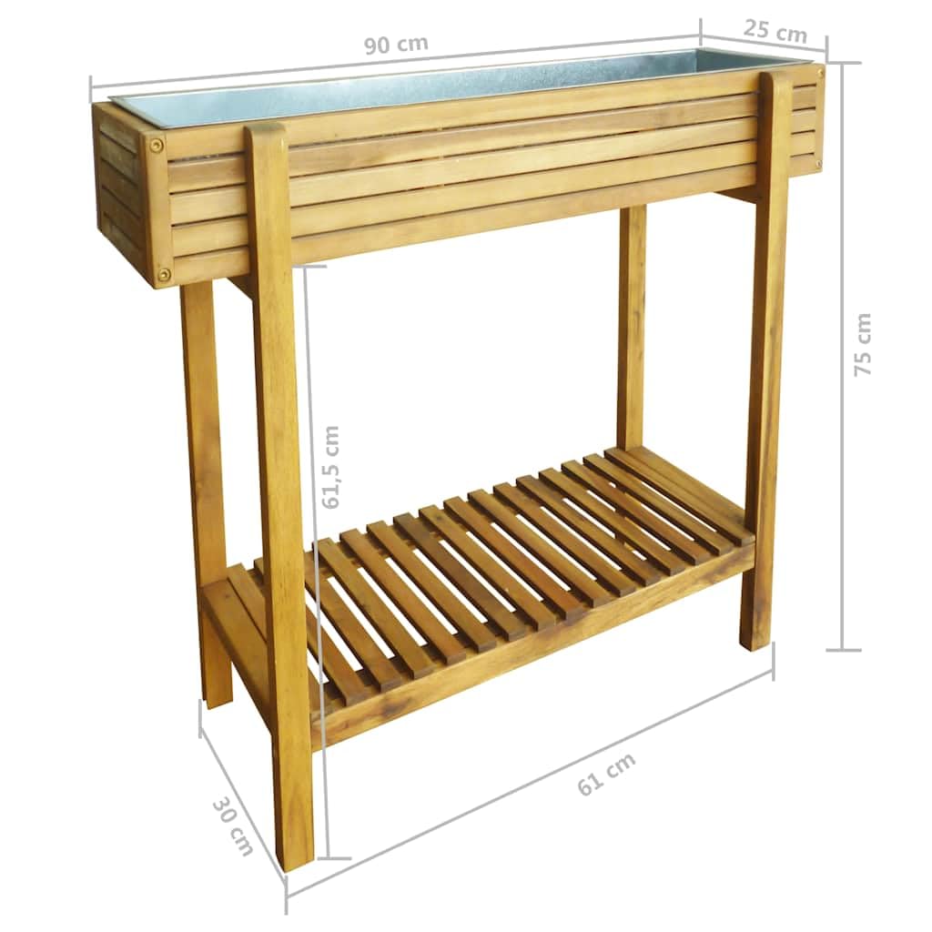 Jardín elevado elevado de madera maciza de acacia con capa de zinc y diseño rústico para exteriores, incluye estante inferior