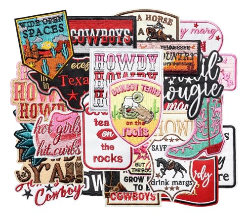 HEYTRCO 25PCS Western Howdy Iron on Patches, Funny Cute Country Cowboy Cowgirl Meme Boots Embroidered Badges for Clothes, Applique for Shirts, Trucker Hats, Jeans, Jackets, Bags, Dress
