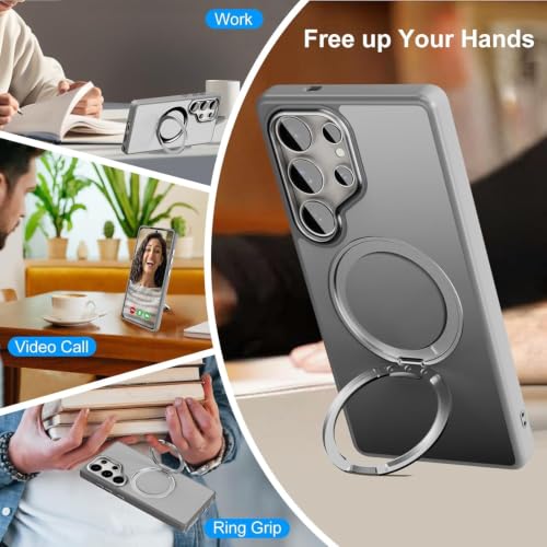 Image of DIZORO TPU Magnetic 360 Ring Stand Case Fit for Samsung Galaxy S24 Ultra Case, Compatible & Wireless Charging,Military Grade Drop Tested,Translucent Hard kick Back Cover (Grey)
