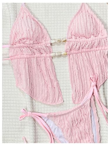 Image of RoseSeek Women's 2 Piece Boho Polka Dots Beaded Bikini Sets Sexy Swimsuits | Halter Swimsuits, Backless, Textured, Tie Side, Tankini Set, Bathing Suits, Summer, Vacation