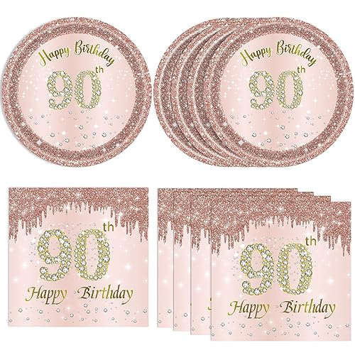 40PCS 90th Birthday Decorations for Women Rose Gold 1936 90 Year Old Theme Birthday Party Tableware Kit 90th Birthday Plates and Napkins Set for Women Disposable 7 Paper Plates Napkins