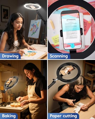 Image of Ring Light with Stand & Lockable Wheels, Ring Light Tripod for iPhone with Phone Holder for Video Recording, Overhead Phone Mount, 30 Lighting Combinations, Perfect for Crafts /Live Streaming /Tutorials