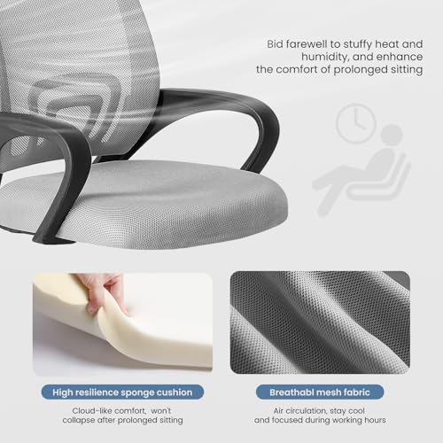 Image of DUMOS Home Office Chair - Ergonomic Mid Back Mesh Desk Chair with Lumbar Support & Rocking Mode, Height Adjustable with Fixed Armrest, for Computer, Gaming, Meeting, 360 Swivel, Grey