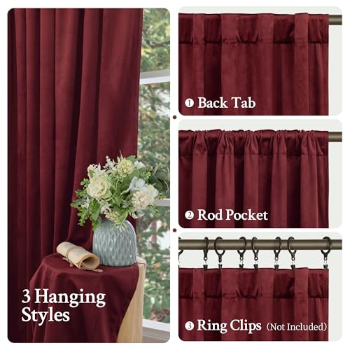 LAMIT Red Velvet Curtains 120 Inch for Living Room, Vintage Thermal Blackout Panels Room Darkening Back Tab and Rod Pocket Christmas Decor Drapes for Bedroom/Theater, 2 Panels, 52 x 120 Inch