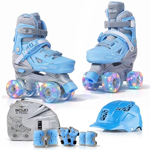 Image of Jaspo Scud X Trail Roller Skates Combo with Helmet and Knee, Elbow, Wrist Guard, Professional Outdoor Indoor Quad-Skates for Kids & Adults, Adjustable Roller Skates with 4 Shiny Wheels (Blue, Large)