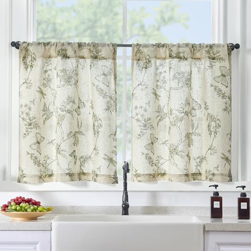 Lazzzy Green Floral Linen Curtains Farmhouse Rod Pocket 26W X 36L 2 Panels