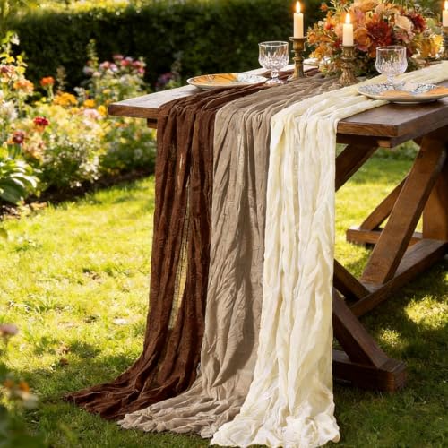 Image of Cheesecloth Table Runner Fall Boho 3pcs Mix and Match Wedding Decor | Brown Nude Beige Rustic Gauze 10FT Cheese Cloth Sheer Farmhouse Runner for Wedding Party Baby Shower Holiday Decorations