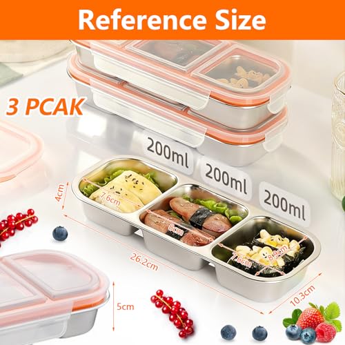3 Pack Container Sets, Stainless Steel Food Containers, 3-Compartment Leak-Proof Lunch Box Set, Reusable Bento Boxes, Stackable Storage Containers, Ideal for School, Daycare, Work, and Travel — view 2