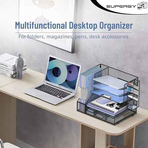 SUPEASY Desk Organizer with File Holder, 5-Tier Mesh Paper Letter Tray and 3 Tilted File Sorter for Office Supplies, Black image 7