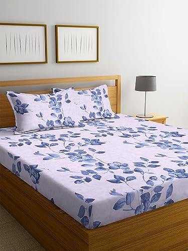 Image of NEW LEAF Premium Cotton Elastic Fitted Bedsheets with 2 King Size Pillow Covers | Double Bed with All Around Elastic 180 TC Supersoft | Size - 72 King Sizex78+10 inches | Indigo Blue Floral