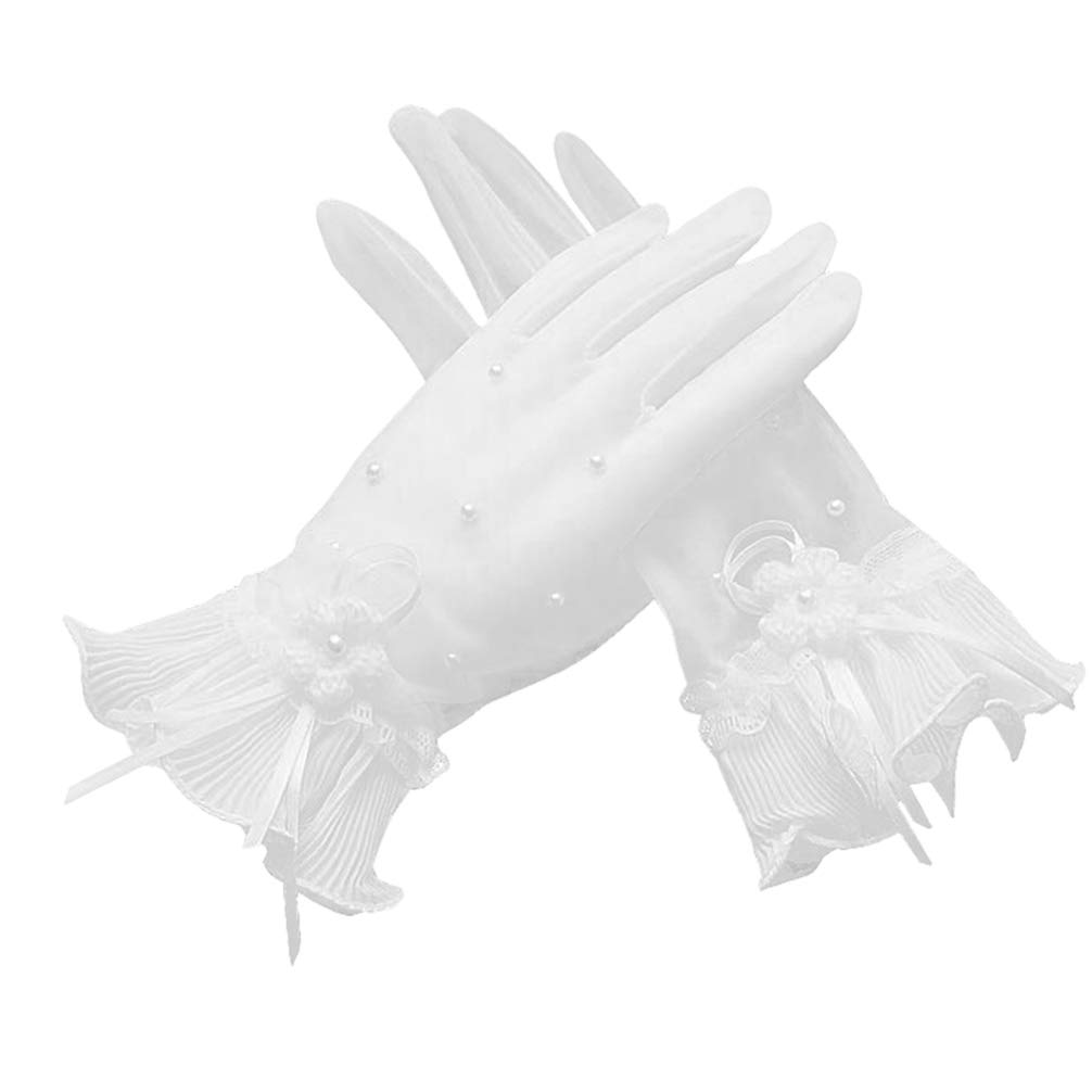 PRETYZOOM Guantes de Novia Guantes de Boda de Encaje Elegante con Incrustaciones de Perlas Exquisitos Guantes de Encaje Floral Cortos para Mujeres Damas 1 par
