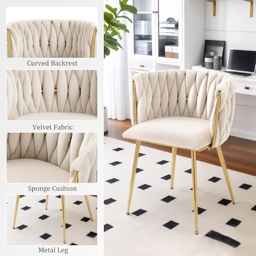 ivoros Velvet Dining Chairs Set of 4, Accent Chairs with Gold Metal Legs, Woven Upholstered Dining Chairs for Living Room/Bedroom/Kitchen(Beige)