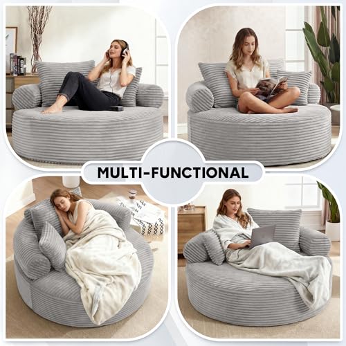 Image of Oversized Round Chair Lounge Chaise Indoor, 55.5 inch Upholstered Corduroy Deep Seat Single Cloud Sofa Chair, Fluffy Modern Large Circle Boneless Sleeper Sofa for Living Room, Bedroom, Light Grey