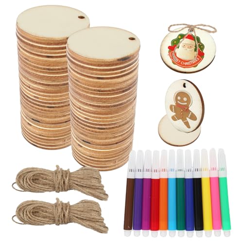 60 Pièces Rondin de Bois de Diametre 40mm, Mini Rondin de Bois, Disque en Bois Rond avec Ficelle et Stylos de Couleur, Rondelles Bois pour Décoration, Bricolage, Peinture