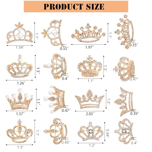 Image of Okllen 16 Pcs Small Crown Pins for Women Men, Gold Silver Rhinestone Crown Brooches with 8 Styles for Lapel, Sashes, Wedding