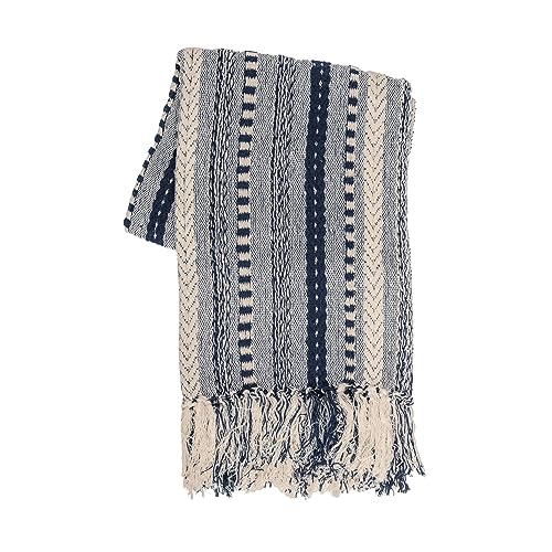 Cotton Braided Striped Throw Blanket 50x60 Inches Soft Cozy Navy Blue Blanket with Decorative Tassels for Sofa Couch Chair Bed Home Decor