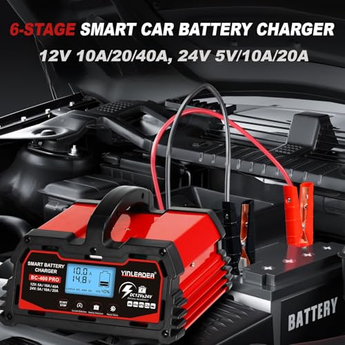 Battery Charger 40A, 12V/24V Lead Acid Smart Battery Charger, 12V LiFePO4 Car Battery Trickle Charger, Automatic Battery Maintainer for Car Motorcycle Lawn Mower Marine Boat Lead Acid Batteries