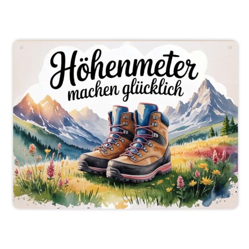 Bergwanderschuhe Metallschild XL in 21x28 cm Höhenmeter machen glücklich Wanderspruch für Naturfreunde - Blechschild