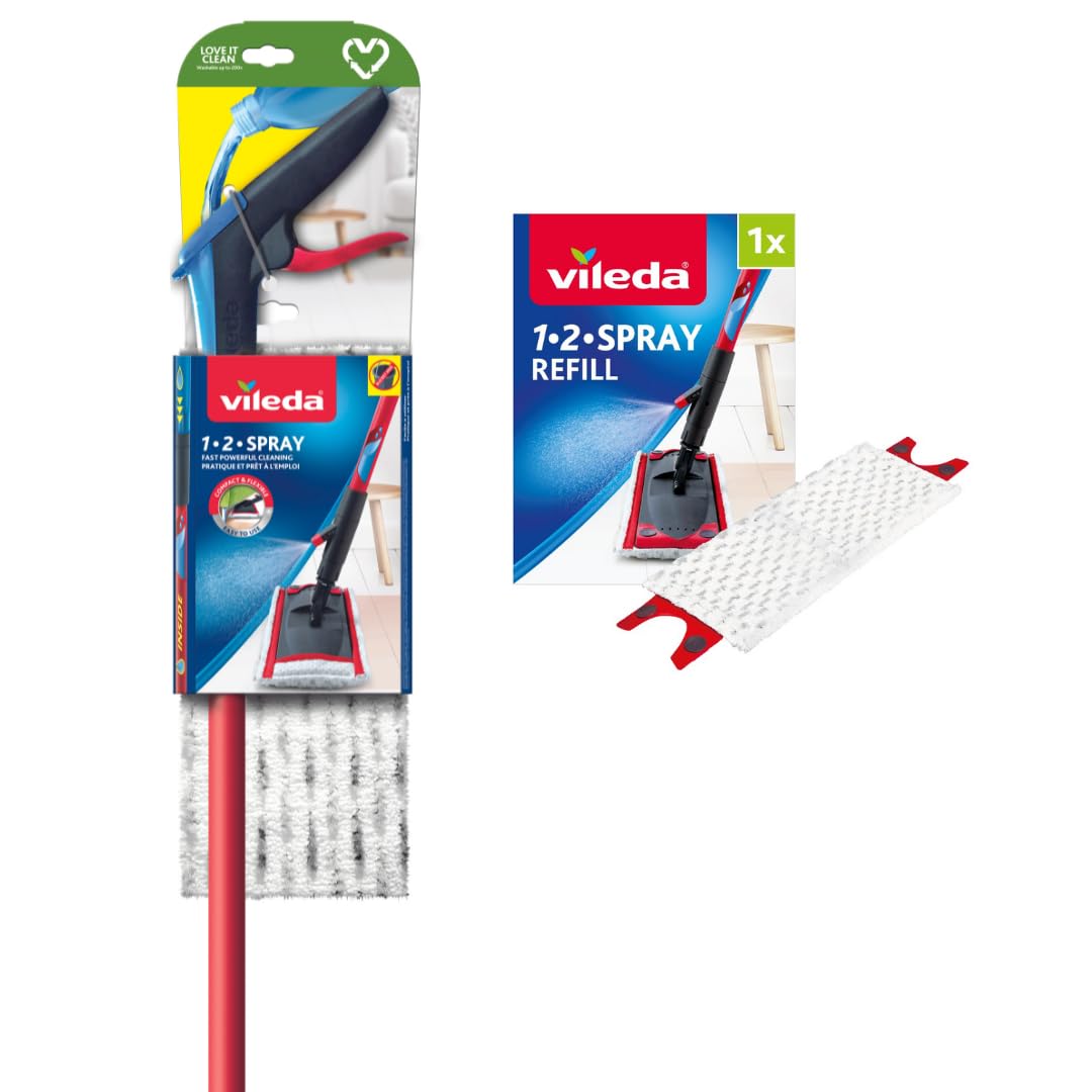 1-2 Spray Mop, Microfibre Flat Floor Spray Mop with Extra Head Replacement, Set of 1x Mop and 1x Refill