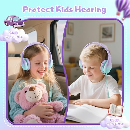 Kids Headphones, Wired Headphones for Kids with Microphone 85/94dB Volume Limit, Stereo Sound Portable Over Ear Headphones for School/Travel/Tablet/iPad, Green Violet - Image 3