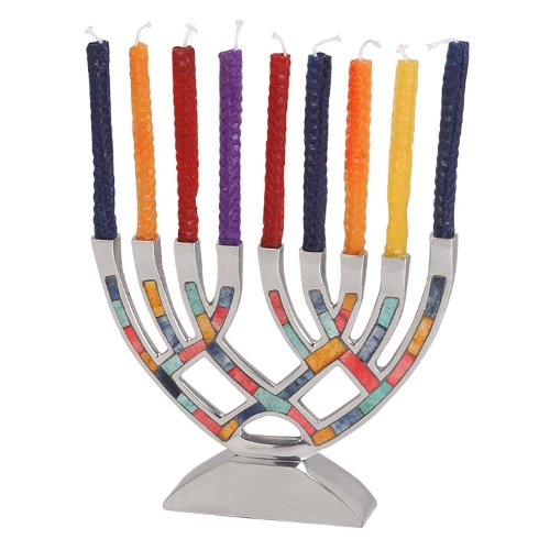 Aluminum Hanukkah Menorah with Multicolor Inlay