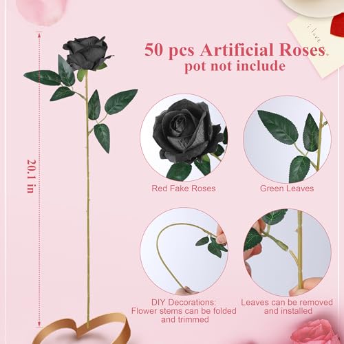 Image of 50 PCS Black Roses Artificial Flowers, Fake Roses with Stem Realistic Silk Roses for DIY Wedding Bouquets Table Centerpieces Arrangements Baby Shower Birthday Home Decor Valentine's Day Gift for Her