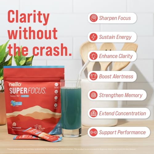 Nello Superfocus – Nootropic Focus Drink Mix for Productivity, Caffeine, L-Theanine, Rhodiola Rosea, Alpha-GPC, Lion’s Mane, Tyrosine, Sugar-Free Packets - Blue Raspberry with Caffeine (Pack of 20) - Image 5