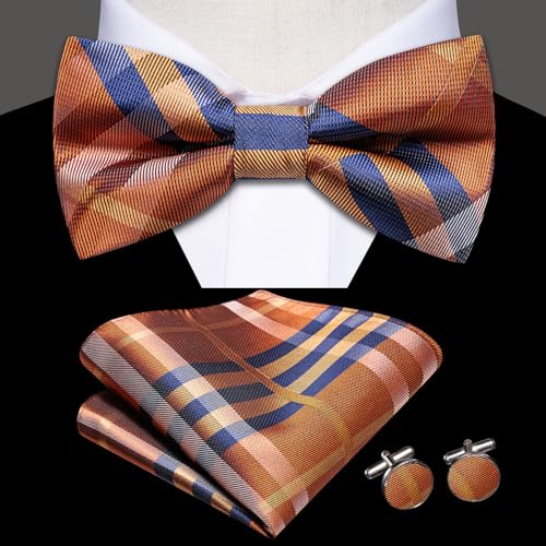 Image of Hi-Tie Bow Ties for Men Pre-Tied Pocket Square with Cufflinks Mens Bowtie Sets for Wedding Formal Party