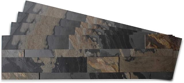 Tic Tac Tiles (60cm x 15cm), 4-Sheets Natural Stone Peel and Stick Self Adhesive Ledgestone Removable Stick On Kitchen Backsplash Bathroom 3D Wall Tiles (Rustic Grey)