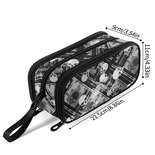 Image of Fustylead Skulls Gothic Striped Large Pencil Case, Minimalist Portable Stationery Bag Cosmetics Bag with Handle for Middle High College School Office Travel
