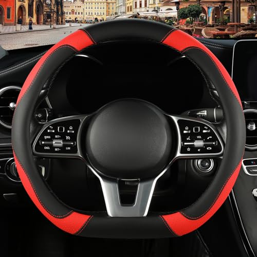 Binsheo Microfiber Leather D Shaped Steering Wheel Cover, Breathable, Anti Slip, Universal 15 inch, Black with Red