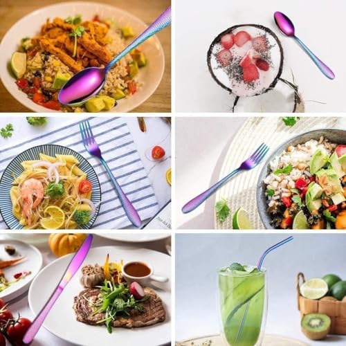 Image of aDai Hammered Rainbow Silverware Set | 20-Piece Premium Stainless Steel Flatware Set | Dishwasher Safe Cutlery Set for Home, Restaurant & Gifting