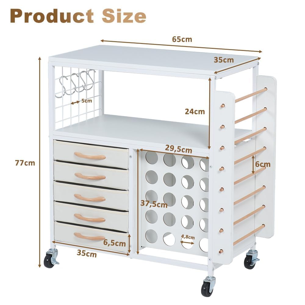 SMONTER Bastelwagen mit 28 Vinylrollenhaltern & 5 Schubladen, Mobiler Rollwagen kompatibel mit Cricut-Maker/Explore, Organizer für Nähatelier und Bastelzimmer, Weiß