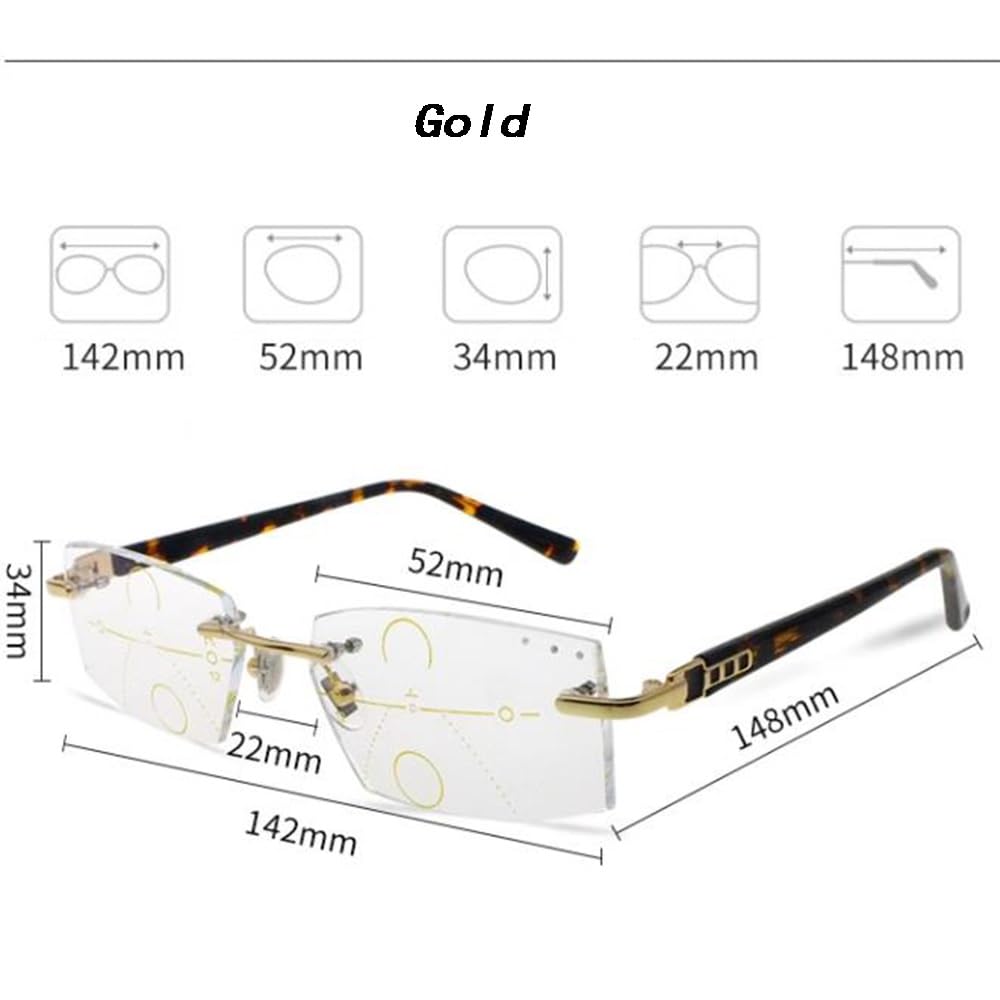 SFIVE 1.0-3.0 Randlos Progressive Multifokus Lesebrille Metallrahmen Computerbrille Rechteck Tragbare Lesebrille Für Männer Frau (Color : Gold, Size : +1.0)
