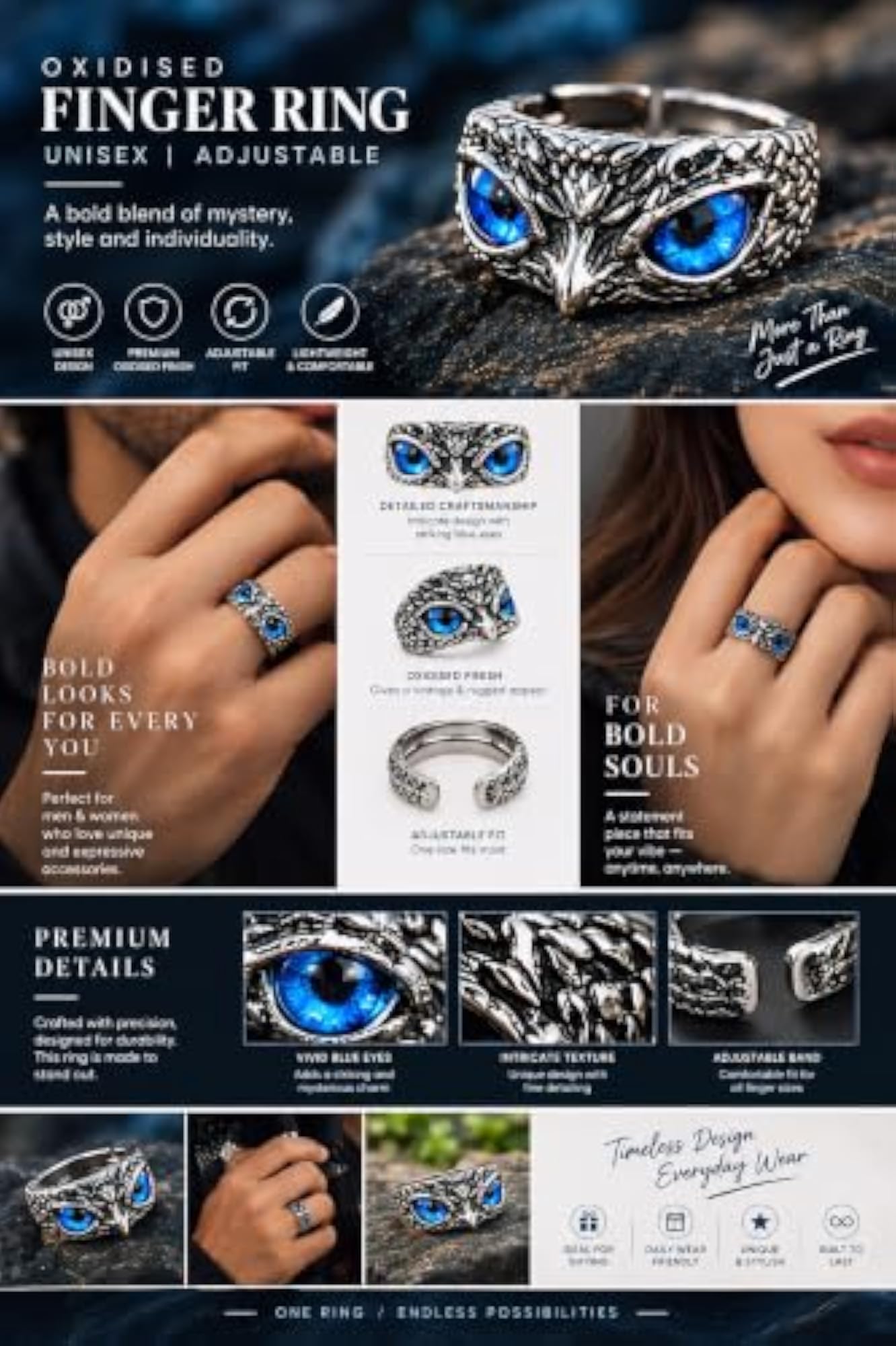 Unisex Oxidised Evil Eye Owl Adjustable Ring