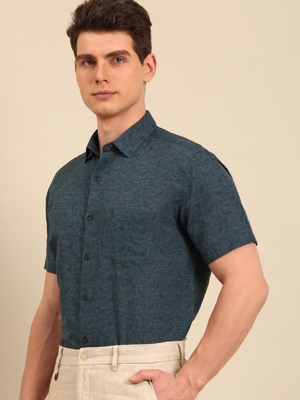Image of Linen Club Men's Linen Rich Printed Contemporary Fit Half Sleeve Casual Shirt