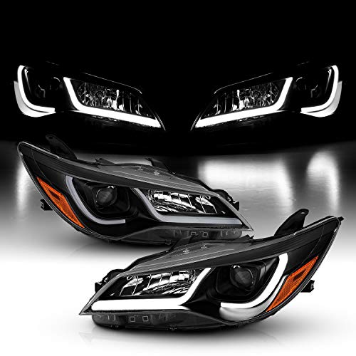 AmeriLite Glow LED Tube Projector Halogen Headlights Assembly Pair For 2015-2017 Toyota Camry Sedan - Passenger and Driver Side Vehicle Light Assembly Black