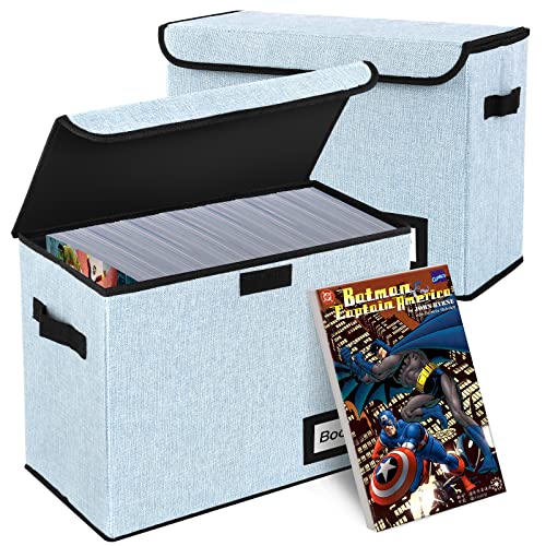 Image of 2 Pack Comic Book Storage Box, Comic Protector Organizer, 15.8 inch X 7.8 inch X 11.8 inch, Collapsible Comic Short Box, Holds 160-180 Comic Book Container Holder Shelf Bin (Blue)