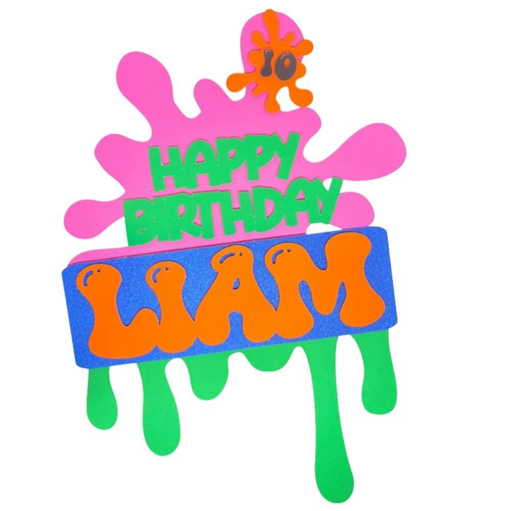 3D Splat Slime Theme Birthday Cake Topper, Personalised with Name and Age, Choice of Colour Design